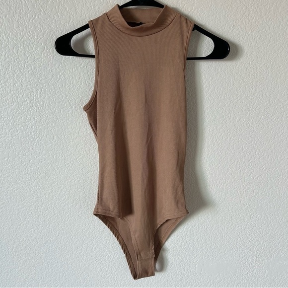 Tops - Tan Sleeveless Ribbed Turtle Neck Bodysuit One Piece